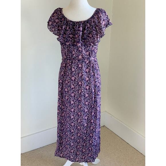 Eberjey Floral Prairie Voile Dress Ruffle Off Shoulder Belted Small Purple - Picture 6 of 11
